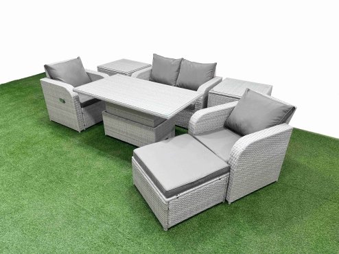 Fimous Light Grey PE Wicker Rattan Garden Furniture Set Sofa Set Reclining Chair Adjustable Lifting Dining or Coffee Table 5 Seater With Footstool 2 Side Table