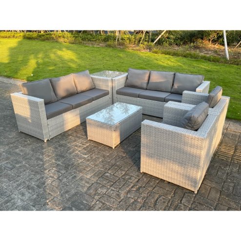 Fimous 6 PC Light Grey Outdoor PE Rattan Garden Furniture Set Wicker Sofa Coffee Table 2 Armchair