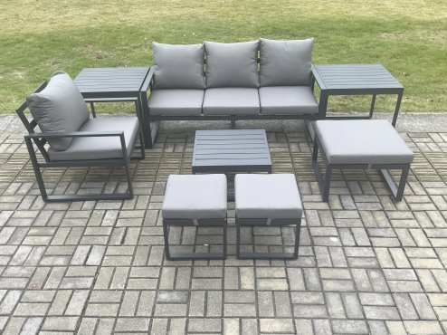 Fimous Aluminium Outdoor Garden Furniture Set Lounge Sofa Chair Square Coffee Table Sets with 2 Side Tables 3 Footstools Conservatory Set Dark Grey 7 Seater