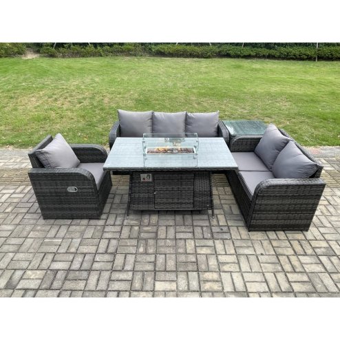Fimous Garden Patio Furniture Wicker Rattan Gas Fire Pit Table and Sofa Chair set with Side Table