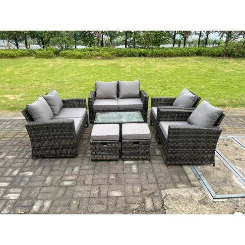 Fimous 8 Seater Dark Grey Mixed High Back Rattan Sofa Set Coffee Table Garden Furniture Outdoor Patio 2 Stools