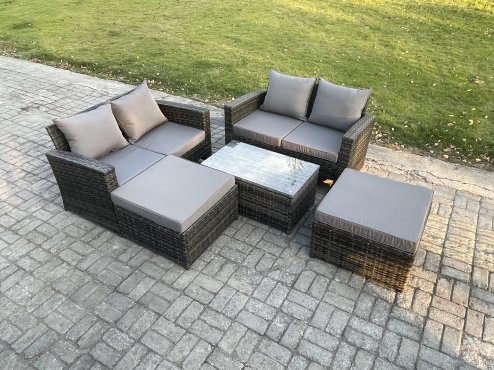 Fimous Wicker Rattan Garden Furniture Sofa Set with Rectangular Coffee Table Double Seat Sofa 2 Big Footstool 6 Seater Outdoor Rattan Set Dark Grey Mixed