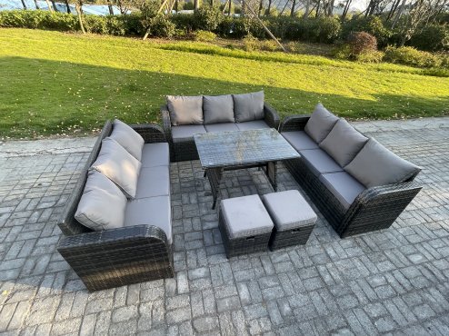 Fimous 11 Seater Wicker Rattan Garden Furniture Set with Rectangular Dining Table 2 Small Footstools Patio Outdoor Lounge Sofa Set