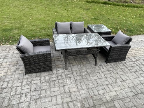 Fimous PE Wicker Outdoor Garden Furniture Set Patio Furniture Rattan Rectangular Dining Table Lounge Sofa with Side Table