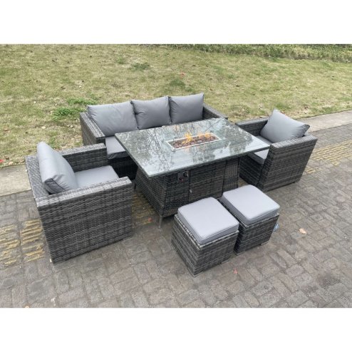 Fimous Outdoor PE Rattan Garden Furniture Gas Fire Pit Dining Table Lounge Sofa 2 PC Armchairs 2 PC Footstools Dark Grey Mixed Patio