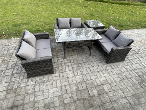 Fimous 6 Seater Rattan Wicker Garden Furniture Patio Conservatory Sofa Set Indoor Outdoor with Dining Table Double Seat Sofa Side Table