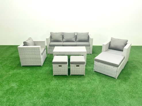 Fimous Rattan Garden Furniture Set 8 Seater Outdoor Garden Sofa Oblong Coffee Table Set with 2 Chairs 3 Stools Light Grey Mixed