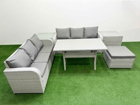 Fimous Outdoor Garden Furniture Sets 7 Seater Wicker Rattan Furniture Sofa Sets with Rectangular Dining Table high Back Lounge Sofa Big Footstool 2 Side Table Light Grey