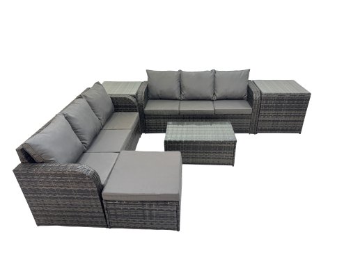 Fimous Outdoor 3 Seater Sofa Coffee Table Set Garden Rattan Furniture Set 7 Seater with Big Stool 2 Side Tables Dark Grey