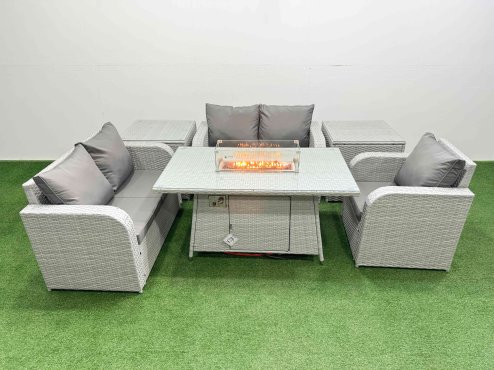 Fimous High Back Poly Rattan Garden Furniture Set with Reclining Chair Loveseat Sofa Firepit Dining Table Indoor Outdoor Patio Set 2 Side Table Light Grey