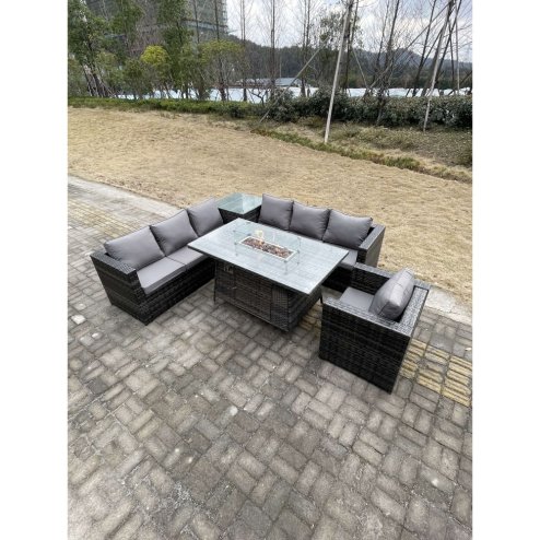 Fimous 7 Seater PE Rattan Corner Sofa Set garden Furniture Gas Firepit Dining Table Set High Side Coffee Table With Arm Chair
