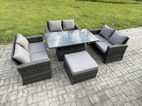 Fimous 7 Seater Rattan Wicker Garden Furniture Patio Conservatory Sofa Set with Height Adjustable Rising Lifting Table Double Seat Sofa Big Footstool