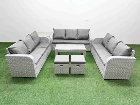 Fimous PE Rattan Lounge Sofa Set 11 Seater Outdoor Garden Furniture Set with Oblong Coffee Table 3 Seater Sofa 2 Stools Side Table Light Grey