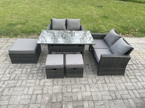 Fimous 7 Seater High Back Outdoor Garden Furniture Rattan Sofa Dining Table Set with 3 Footstools Dark Grey Mixed