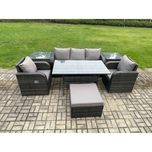Fimous Wicker PE Rattan Garden Furniture Set Outdoor Rectangular Dining Table and Chair Sofa Set With 2 Side Tables Big Footstool Dark Grey Mixed