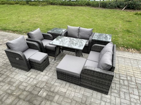 Fimous 9 Seater Wicker PE Rattan Garden Dining Set Outdoor Furniture Sofa with Rectangular Dining Table 2 Side Tables 3 Footstools Dark Grey Mixed
