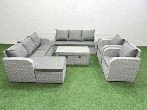 Fimous PE Rattan High Back Lounge Sofa Set Patio Oblong Coffee Table & Chairs Set with 3 Seater Sofa Reclining Chair 3 Stools 2 Side Table Light Grey