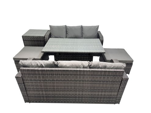 Fimous 8 Seat Outdoor Wicker PE Rattan Garden Furniture Set Dining Table Sofa Set with 2 Big Stool Side Table Dark Grey Mixed