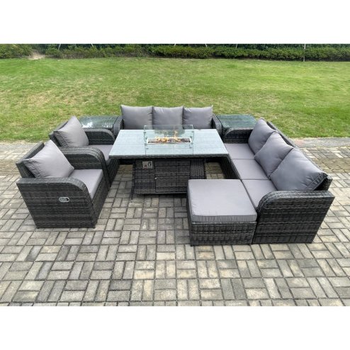 Fimous Wicker Rattan Garden Furniture Set Gas Fire Pit Dining Table Indoor Outdoor with 2 Side Tables Chair Loveseat Sofa Big Footstool