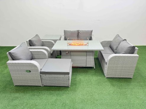 Fimous 7 Seater Outdoor Reclining Chair Love Sofa Set Rattan Garden Furniture Set with Firepit Dining Table Footstool Side Table Light Grey