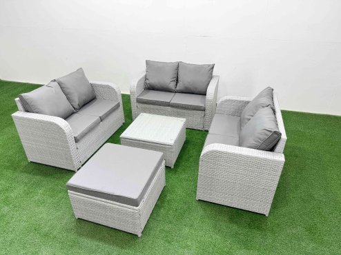 Fimous 7 Seater PE Wicker Rattan Furniture Sofa Sets with Square Coffee Table 2 Seater Love Sofa Big Footstool Light Grey