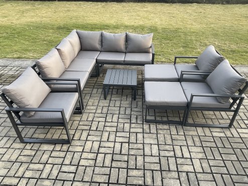Fimous 10 Seater Outdoor Aluminium Garden Furniture Set Corner Lounge Sofa Set with Square Coffee Table Chair 2 Big Footstools Dark Grey