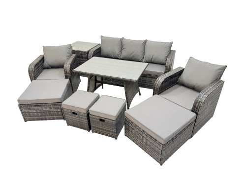 Fimous Garden Rattan Outdoor Furniture Set 9 Seater with 3 Seater Sofa Side Table 2 Big Stool 2 Small Stools Dark Grey