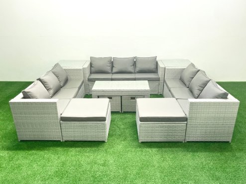 Fimous Outdoor Rattan Garden Furniture Set with Grey Cushions Luxury 13 Seater with Coffee Table and 2 Side Tables For Conservatory,Patio