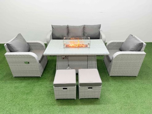 Fimous PE Rattan Garden Furniture Set Reclining Chair Sofa Lounge Sofa Set Firepit Dining Table 2 Small Stools Light Grey