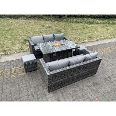 Fimous Outdoor PE Rattan Garden Furniture Gas Fire Pit Dining Table Lounge Sofa 2 PC Footstools Dark Grey Mixed Patio