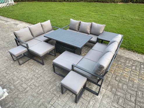 Fimous Aluminum Outdoor Patio Furniture Set Modern Patio Conversation Sets with Adjustable Rising Lifting Dining Table 4 Footstools Dark Grey
