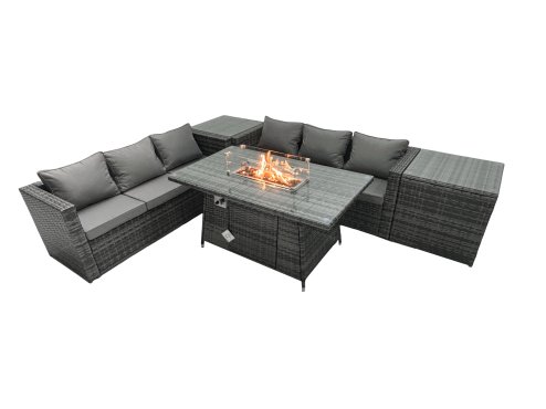 Fimous Rattan Garden Furniture Firepit Dining Set 6 Seater Lounge Sofa Table Set with 2 Side Tables