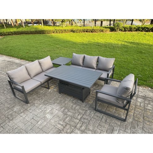Fimous Aluminium Garden Furniture Sets,7 Seater Outdoor Sofa Dining Set with Adjustable Rising Lifting Dining Table Cushions for Yard,Poolside, Patio, Dark Grey