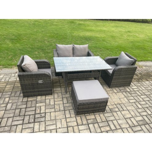 Fimous Outdoor Rattan Garden Furniture Lounge Sofa Set With Oblong Rectangular Dining Table 2 PC Reclining Chair Big Footstool