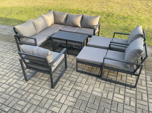 Fimous 12 Seater Aluminium Outdoor Garden Furniture Set Patio Lounge Sofa with Oblong Coffee Table Chair 2 Small Footstools Big Footstool Dark Grey
