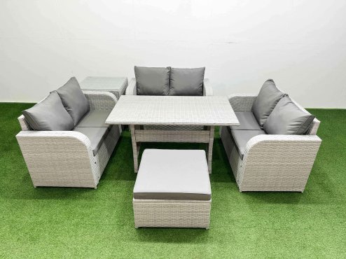 Fimous 7 Seater PE Wicker Rattan Furniture Sofa Sets with Rectangular Dining Table 2 Seater Love Sofa Big Footstool Side Table Light Grey