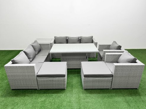 Fimous 8 PCs Rising Dining Table Set Rattan Furniture Set with 3 Seater Sofa Chair 2 Big Footstools Side Table Light Grey