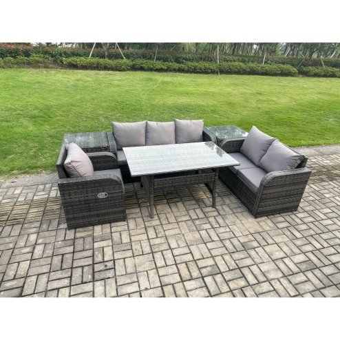 Fimous 6 Piece Rattan Garden Furniture Set with Patio Sofa Rectangular Dining Table 2 Side Table Indoor Conservatory Patio Set