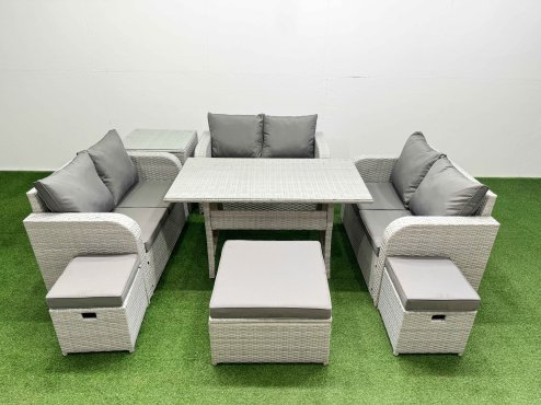 Fimous 9 Seater PE Wicker Rattan Furniture Sofa Sets with Rectangular Dining Table 2 Seater Love Sofa 3 Stool Side Table Light Grey