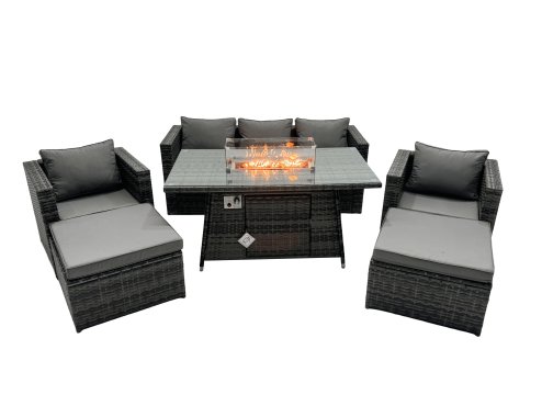 Fimous Rattan Garden Furniture Firepit Dining Set 7 Seater Lounge Sofa Table Set with 2 big Footstool