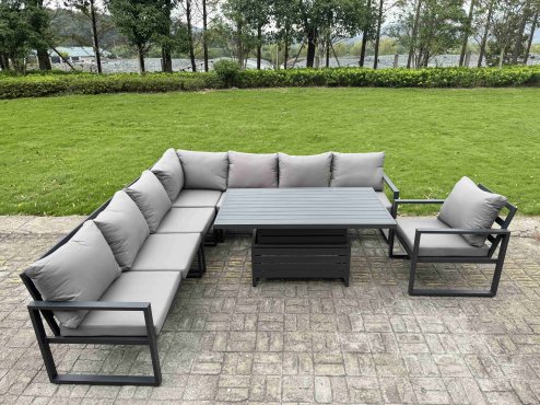Fimous 8 Piece L-shaped Garden Furniture Set 9-Seater Aluminium Outdoor Dining Set with Adjustable Rising Lifting Dining Table 2 Small Footstools Dark Grey