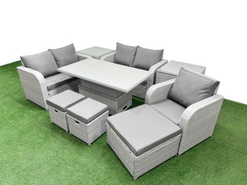 Fimous High Back Poly Rattan Garden Furniture Set with Reclining Chair Loveseat Sofa Adjustable Lifting Dining or Coffee Table Indoor Outdoor Patio Set 3 Stools 2 Side Table Light Grey