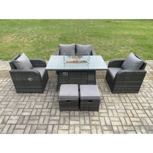 Fimous Rattan Outdoor Garden Furniture Sofa Set Gas Fire Pit Dining Table Gas Heater with Love Sofa 2 Small Footstool Dark Grey Mixed