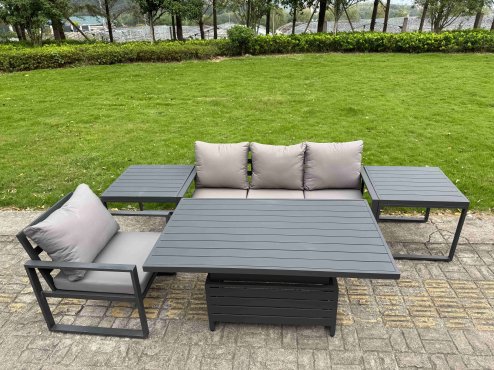 Fimous Aluminium Garden Furniture Set 4 Piece Aluminium Lounge Seating Adjustable Rising Lifting Dining Table Set with Cushions Side Table Dark Grey