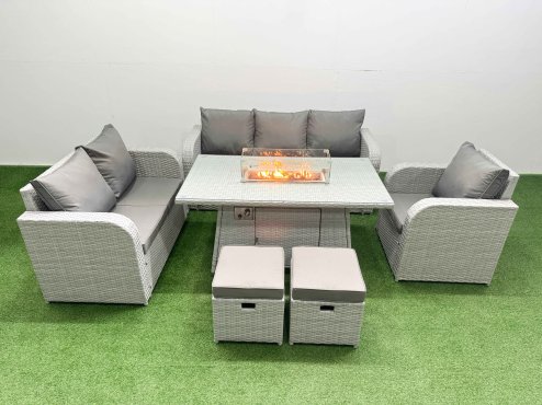 Fimous Patio PE Wicker 8 Seater Outdoor Rattan Furniture Sofa Sets with Firepit Dining Table Reclining Chair Loveseat Sofa 3 Seater Sofa Stool Light Grey