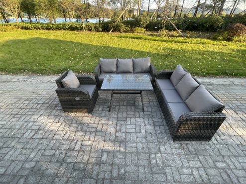 Fimous Outdoor Lounge Sofa Set Wicker PE Rattan Garden Furniture Set with Rectangular Dining Table Reclining Chair Dark Grey Mixed