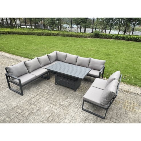 Fimous 10 Pieces Aluminium Garden Furniture Set with Cushions, Patio Furniture Set with Adjustable Rising Lifting Dining Table 3 Footstools Dark Grey