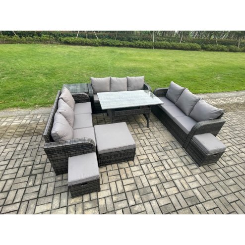Fimous Rattan Garden Furniture Set with Oblong Rectangular Dining Table 3 Footstools Side Table 11 Seater Outdoor Lounge Sofa Set Dark Grey Mixed