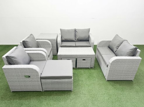 Fimous 9 Seater Outdoor Reclining Chair Love Sofa Set Rattan Garden Furniture Set with Oblong Coffee Table 3 Stools Side Table Light Grey