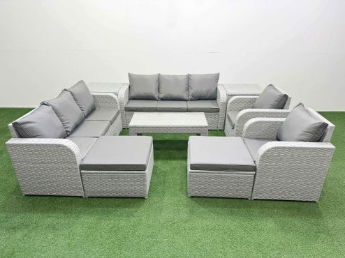 Fimous PE Rattan High Back Lounge Sofa Set Patio Oblong Coffee Table & Chairs Set with 3 Seater Sofa Reclining Chair 2 Big Footstool 2 Side Table Light Grey Image